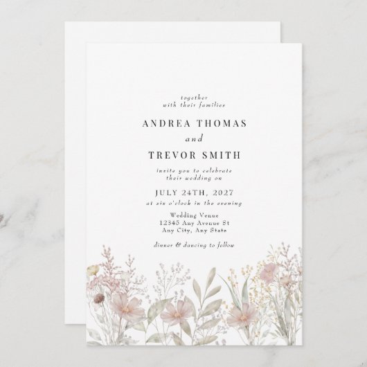 Fleurs roses poussiéreuses | Invitations de mariag (Devant / Derrière)