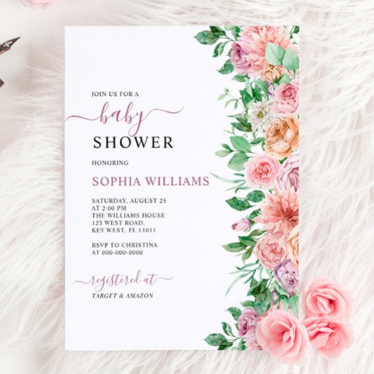 Fleurs Roses romantiques Invitation Baby shower
