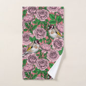 Fleurs roses roses et oiseaux dorés (Serviette à main)