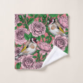 Fleurs roses roses et oiseaux dorés (Gant de toilette)
