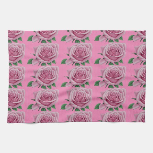 "Fleurs Roses : Serviette de cuisine rose moderne (Horizontal)