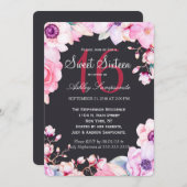 Fleurs roses sur Black Sweet 16 Invitations (Devant / Derrière)