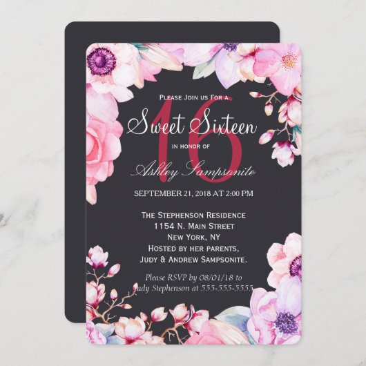 Fleurs roses sur Black Sweet 16 Invitations (Devant / Derrière)