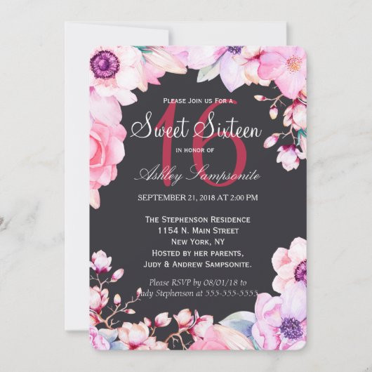 Fleurs roses sur Black Sweet 16 Invitations (Devant)