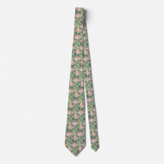 Fleurs roses sur Cravate vert (Devant)