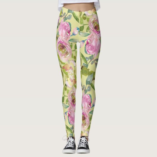 Fleurs roses sur Leggings jaunes (Devant)