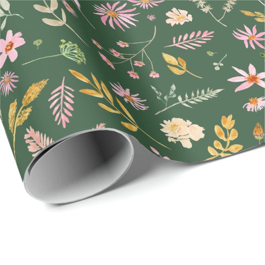 Fleurs roses sur papier cadeau Arrière - plan vert (Coin rond)
