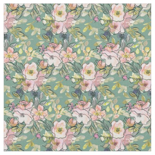 Fleurs roses sur tissu vert - Impression florale (Fermer)
