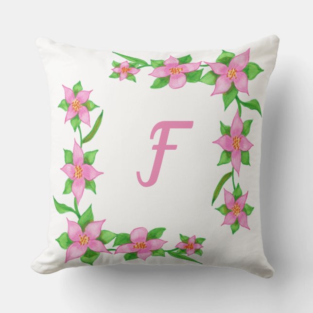 Fleurs roses sur Vin Vert Monogrammes Coussins (Recto)
