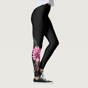 Fleurs roses tendance Leggings floraux, Noir