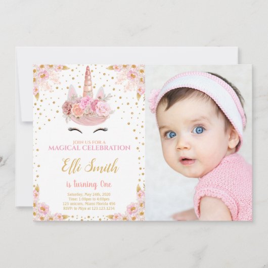 Fleurs roses Unicorn Invitations Anniversaire avec (Devant)