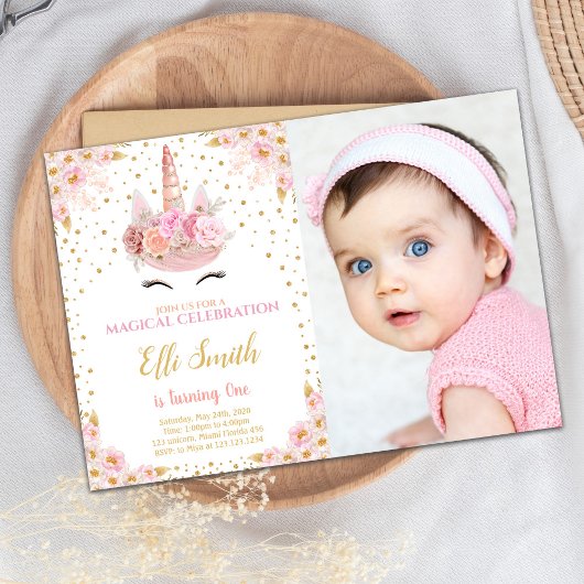 Fleurs roses Unicorn Invitations Anniversaire avec