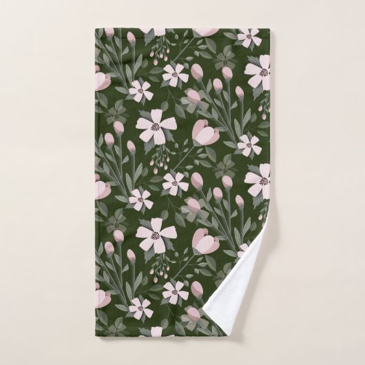 Fleurs roses vert foncé feuilles floraux modernes (Serviette à main)