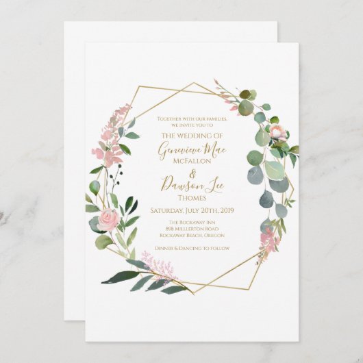 Fleurs roses vertes Invitation géométrique Forme (Devant / Derrière)