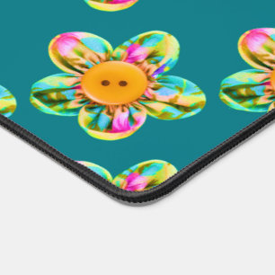 Fleurs roses, violettes, jaunes sur turquoise