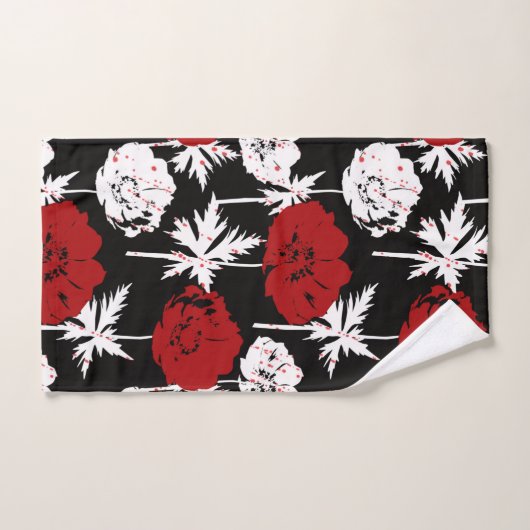 Fleurs rouges, blanches sur le noir. (Serviette à main)