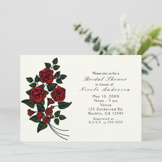 Fleurs rouges Élégantes Invitations de douche nupt (Debout devant)