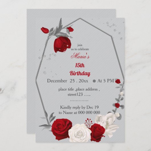 fleurs rouges et blanches couronne invitation d'an (Devant / Derrière)