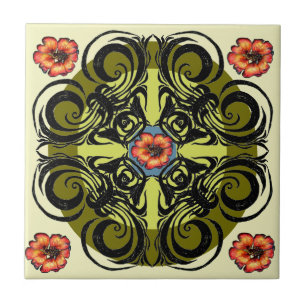 Fleurs rouges et carreaux noirs rétro
