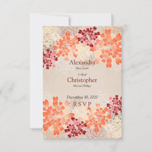 Fleurs rouges et crème orange Mariage rétro RSVP (Devant)