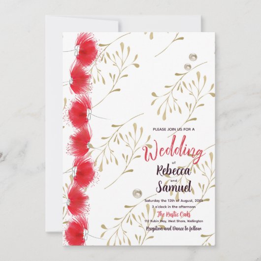 Fleurs rouges, Faire-part de mariage Feuille or (Devant)