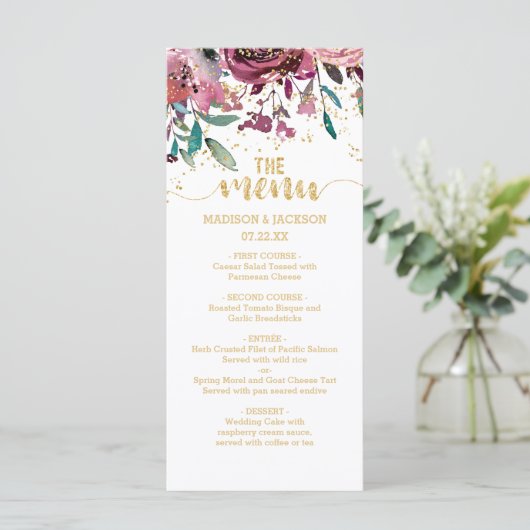 Fleurs Rouges & Gold Confetti Menu Mariage (Debout devant)