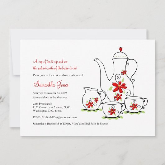 Fleurs rouges, invitation de Tea Party 5x7 (Devant)