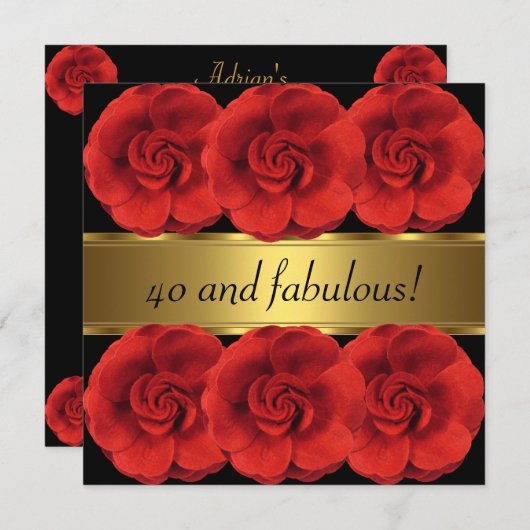 Fleurs rouges Invitations Black Gold Fabuleux 40e (Devant / Derrière)