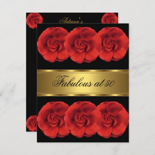 Fleurs rouges Invitations Black Gold Fabuleux 50e (Devant / Derrière)