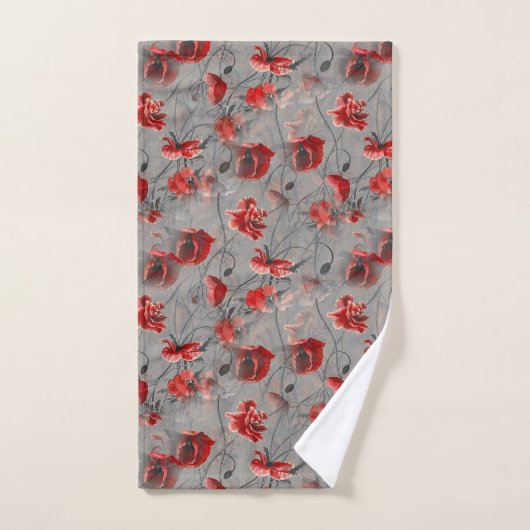 Fleurs rouges sur Gris foncé, Pépites rouges à pap (Serviette à main)