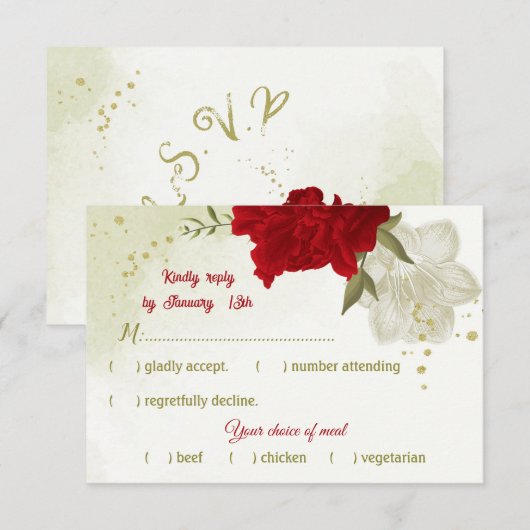 fleurs rouges vert feuilles carte RSVP (Devant / Derrière)