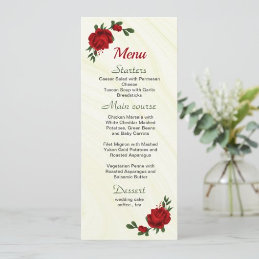 fleurs rouges vert menu mariage (Debout devant)