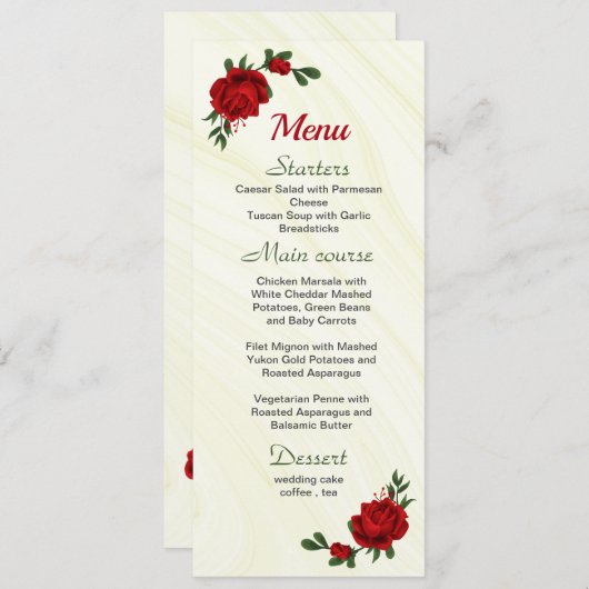 fleurs rouges vert menu mariage (Devant / Derrière)