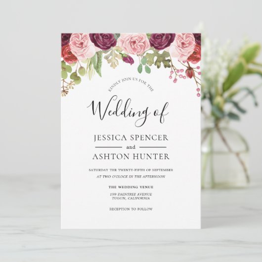 Fleurs rousses et bordeaux Faire-part de mariage p (Debout devant)