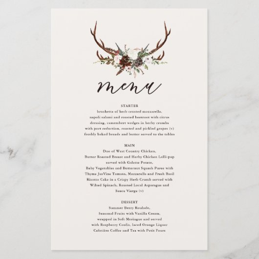 Fleurs rustiques et bois de cerf menu mariage (Devant)
