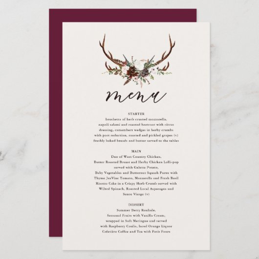 Fleurs rustiques et bois de cerf menu mariage (Devant / Derrière)