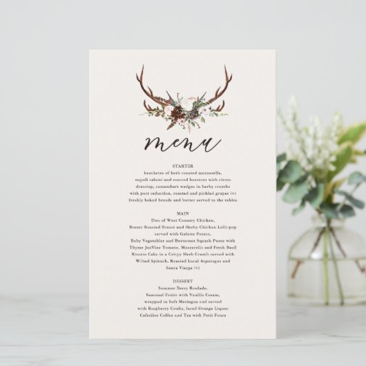 Fleurs rustiques et bois de cerf menu mariage (Debout devant)