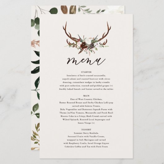 Fleurs rustiques et bois de cerf menu mariage (Devant / Derrière)