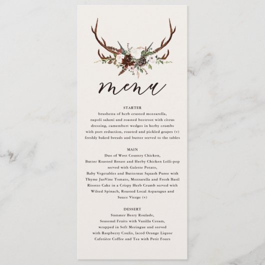 Fleurs rustiques et bois de cerf menu mariage (Devant)