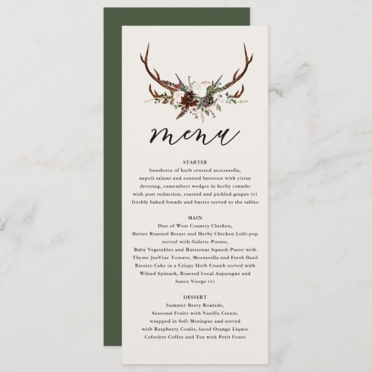 Fleurs rustiques et bois de cerf menu mariage (Devant / Derrière)
