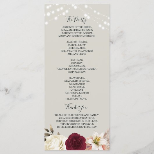 Fleurs Rustiques Programme de Mariage Bourgogne (Dos)