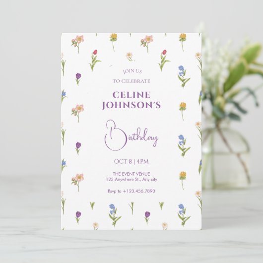 Fleurs sauvages anniversaire Invitation (Debout devant)
