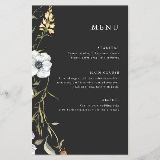 Fleurs sauvages botaniques foncés | Menu Mariage é (Devant)