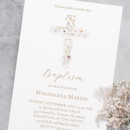 fleurs sauvages croix | Invitation de baptême