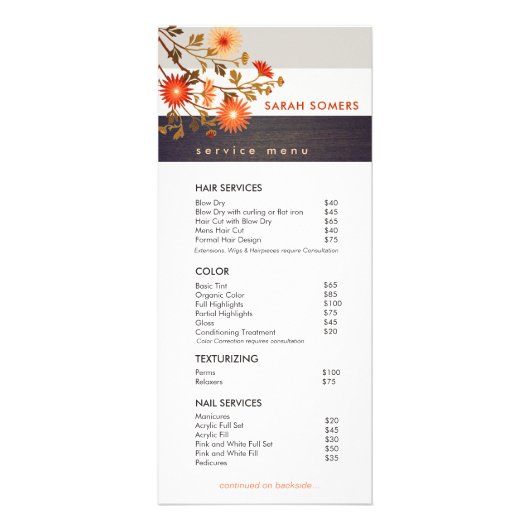 Fleurs sauvages en bois rustique Menu Service Salo (Devant)