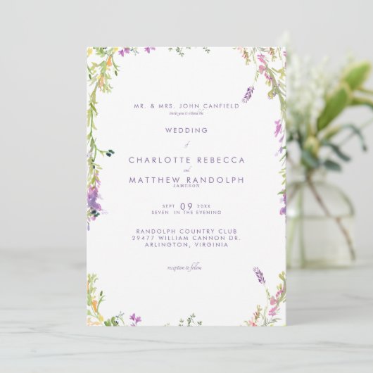 Fleurs sauvages en Faire-part de mariage de lavand (Debout devant)