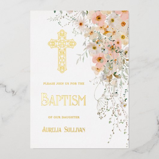 Fleurs sauvages et verdure Baptême Foil Invitation (Recto)