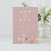 Fleurs sauvages rose mauve boho save the date (Debout devant)