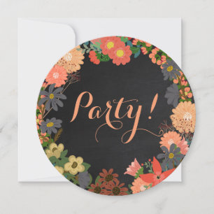 Fleurs sur Black Chalkboard Round Party Invitation