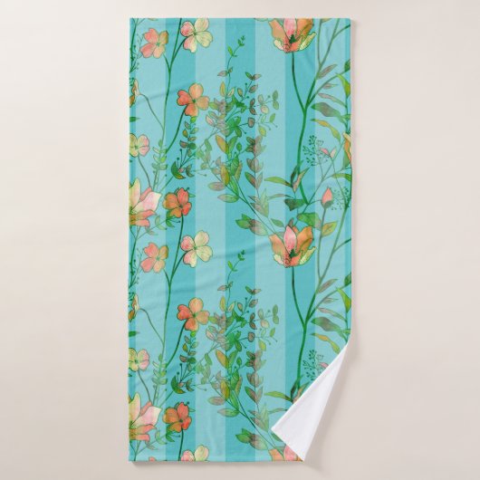 Fleurs sur l'arrière - plan rayé bleu d'Aqua (Serviette de bain)